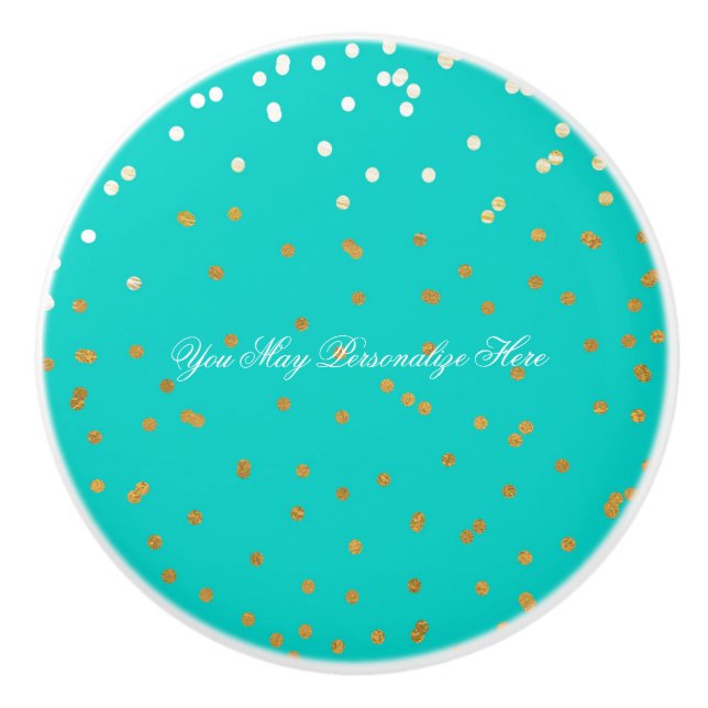 Turquoise Shiny Gold Faux Foil Confetti Dots Glam Ceramic Knob (Front)