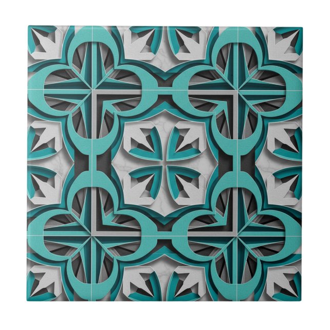 Turquoise Silver 3D Layered Paper Cut Art Ceramic Tile (Front)