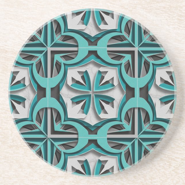 Turquoise Silver 3D Layered Paper Cut Art Coaster (Front)