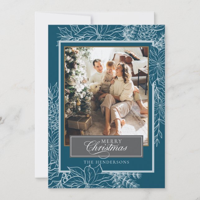 Turquoise Silver Botanical Merry Christmas Photo Holiday Card (Front)