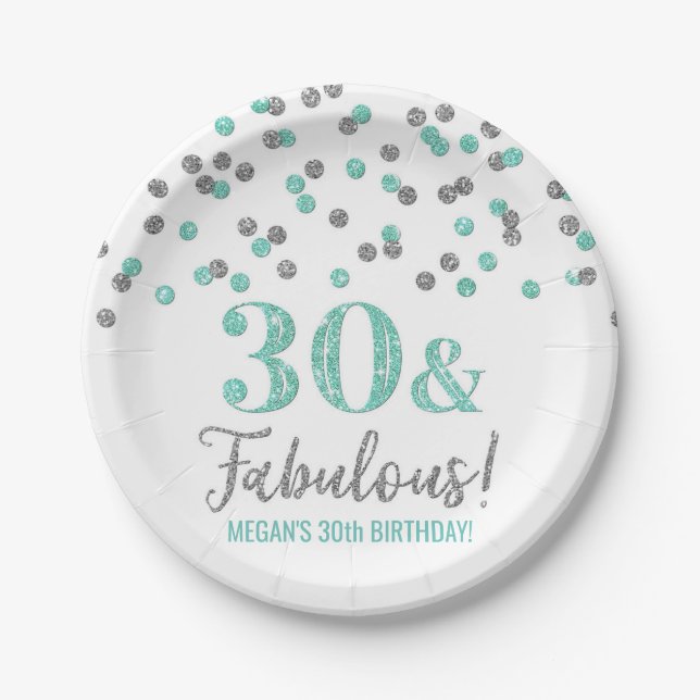 Turquoise Silver Confetti 30 and Fabulous  Paper Plate (Front)