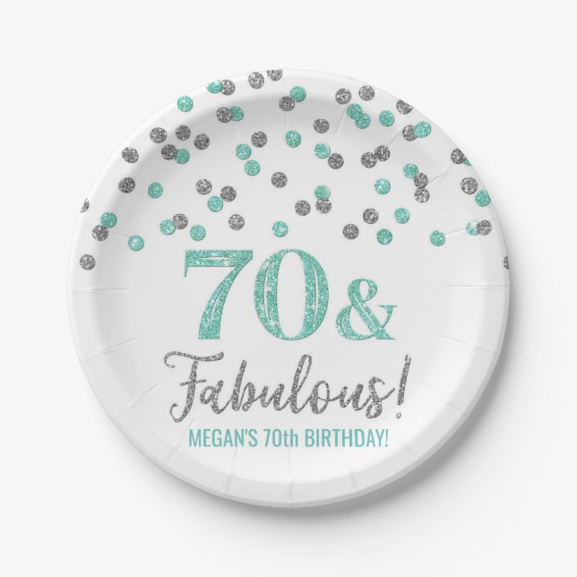 Turquoise Silver Confetti 70 and Fabulous Birthday Paper Plate (Front)
