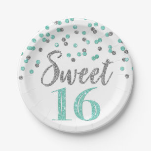Turquoise Silver Confetti Sweet 16 Birthday Party Paper Plate