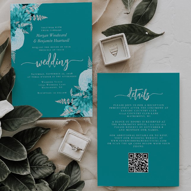 Turquoise Silver Floral QR Code Wedding Invitation (Creator Uploaded)