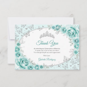 Turquoise Silver Floral Quinceanera Thank You Card