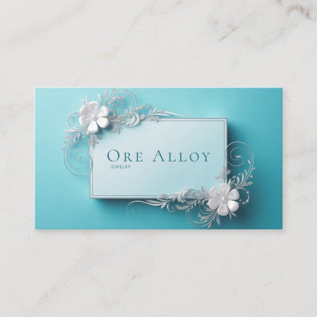 Turquoise Silver Floral Scrollwork Geometric Business Card (Front)