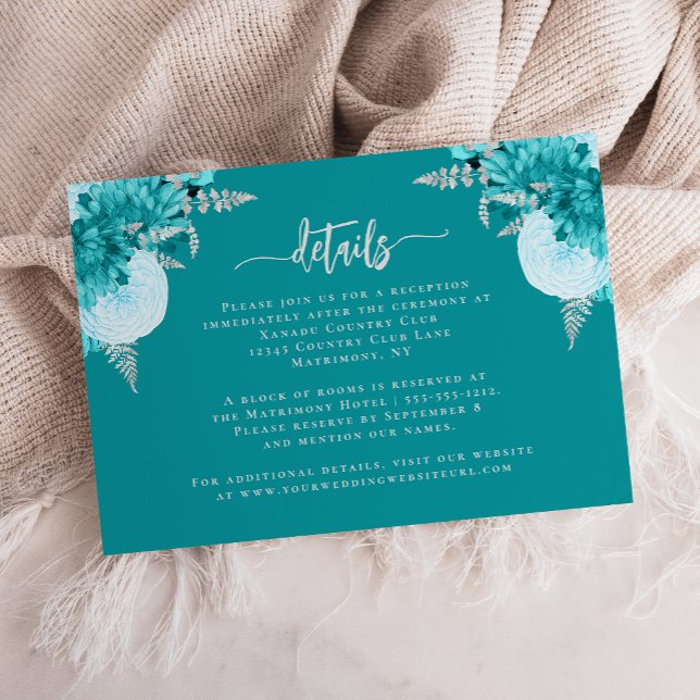 Turquoise Silver Floral Wedding Details Enclosure Card (Creator Uploaded)