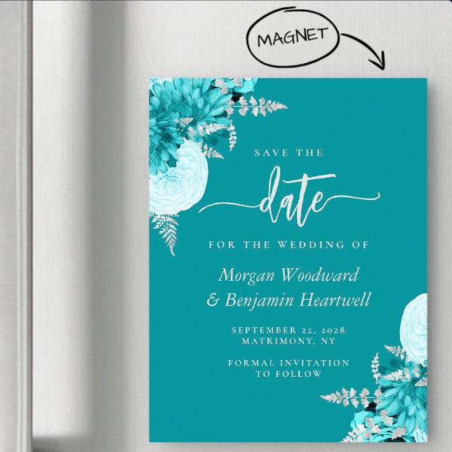 Turquoise Silver Floral Wedding Save the Date Magnetic Invitation (Creator Uploaded)