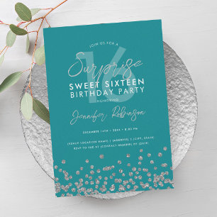 Turquoise Silver Glitter Surprise Sweet 16  Invitation