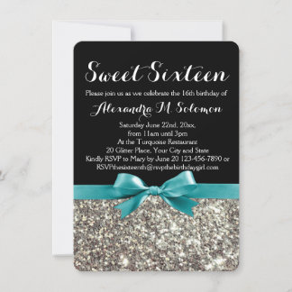 Turquoise Silver Glitter Sweet 16 Party Invitation