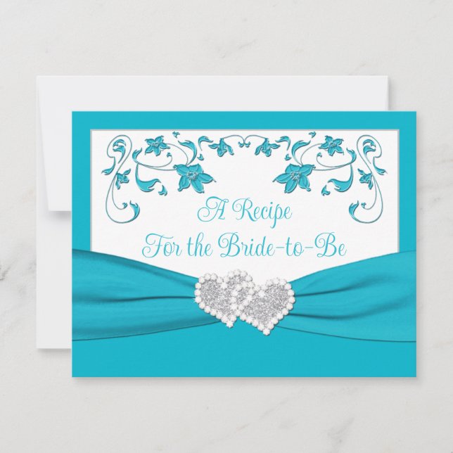 Turquoise, Silver Love Hearts Bridal Recipe Card (Front)
