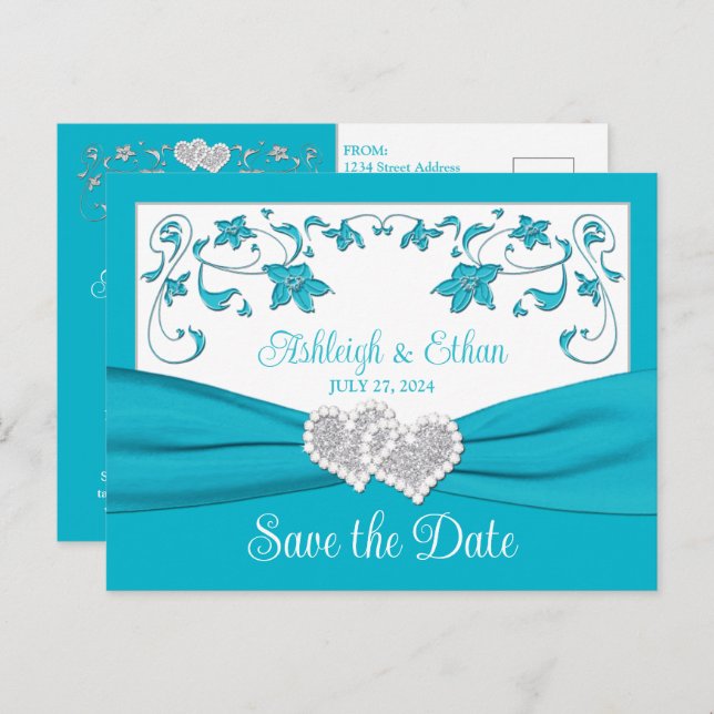 Turquoise, Silver Love Hearts Save the Date Postcard (Front/Back)