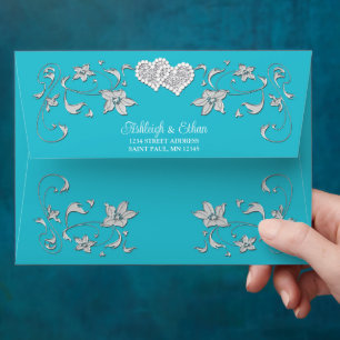 Turquoise, Silver Love Hearts Wedding Envelope