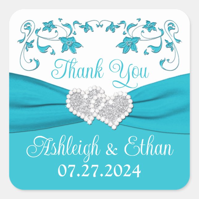 Turquoise, Silver Love Hearts Wedding Favour Square Sticker (Front)