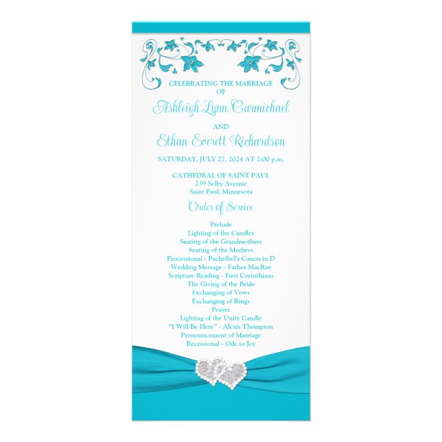 Turquoise, Silver Love Hearts Wedding Program Rack Card (Front)