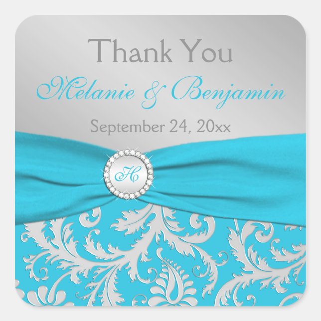 Turquoise, Silver Monogram Wedding Favour Sticker (Front)