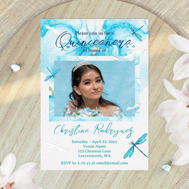 Turquoise, Silver Orchid, Dragonfly Quinceanera (turquoise quinceanera invitations)