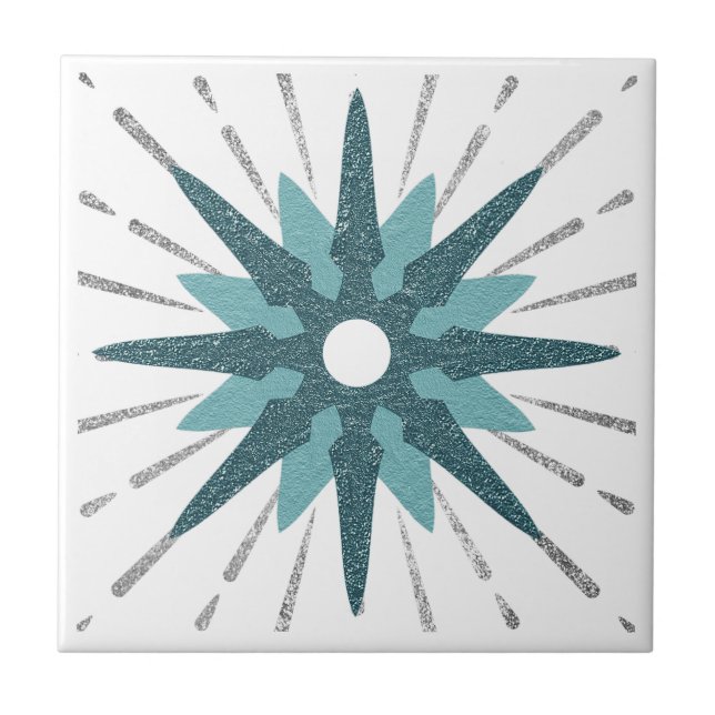 Turquoise & Silver Starburst Ceramic Tile (Front)