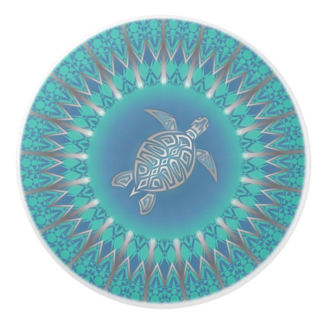 Turquoise Silver Turtle Mandala Ceramic Knob (Front)