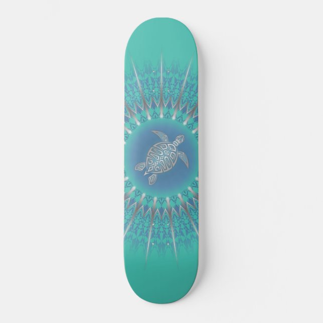 Turquoise Silver Turtle Mandala Skateboard (Front)