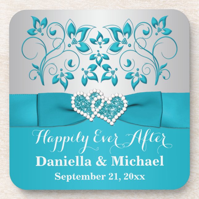 Turquoise, Silver Wedding Favour Coaster Set (6) (Front)