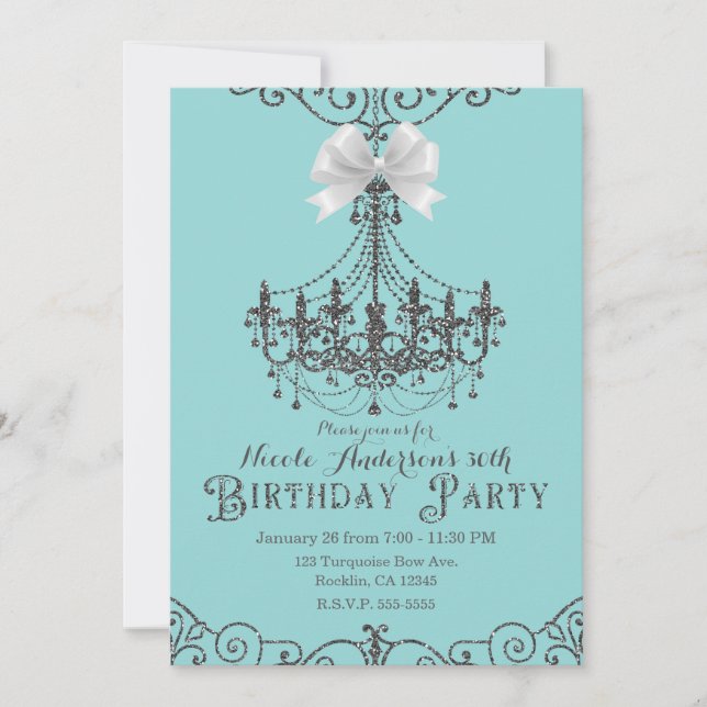 Turquoise Silver White Bow Birthday Party Any Age Invitation (Front)