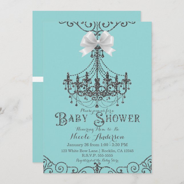 Turquoise & Silver White Bow Chic Baby Shower Invitation (Front/Back)