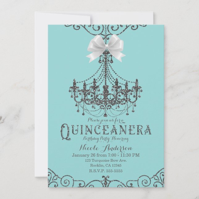 Turquoise & Silver White Bow Quinceañera 15 15th Invitation (Front)
