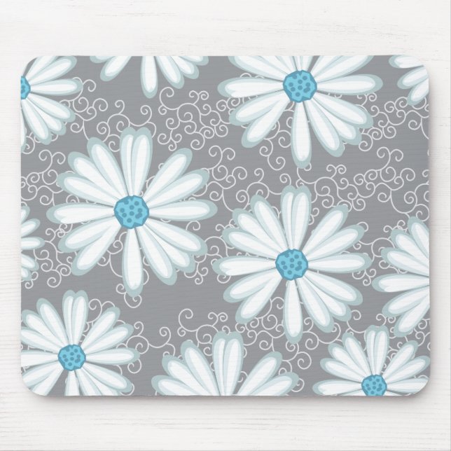 Turquoise Silver White Wild Daisy Floral Pattern Mouse Pad (Front)