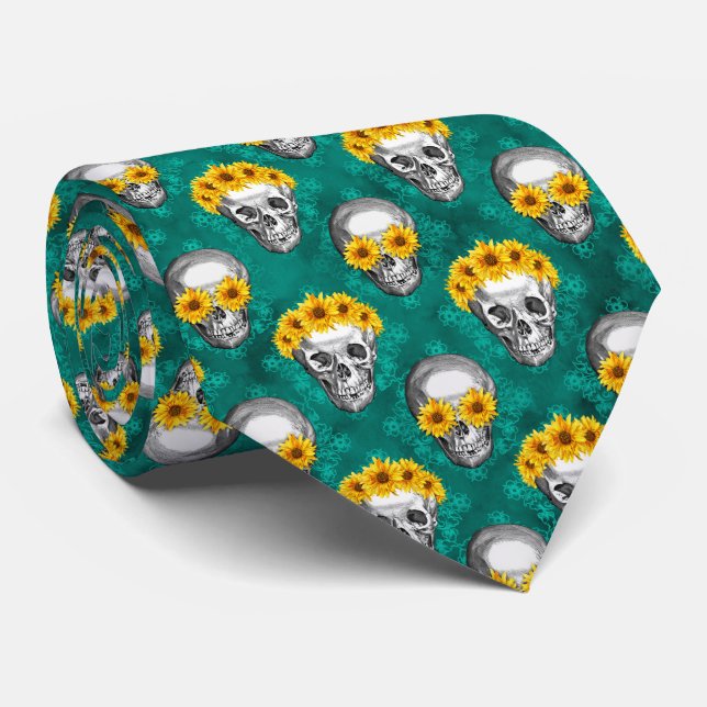 Turquoise Skulls and Sunflower Series Design 10 Tie (Rolled)