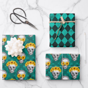 Turquoise Skulls and Sunflower Series Design 10 Wrapping Paper Sheet