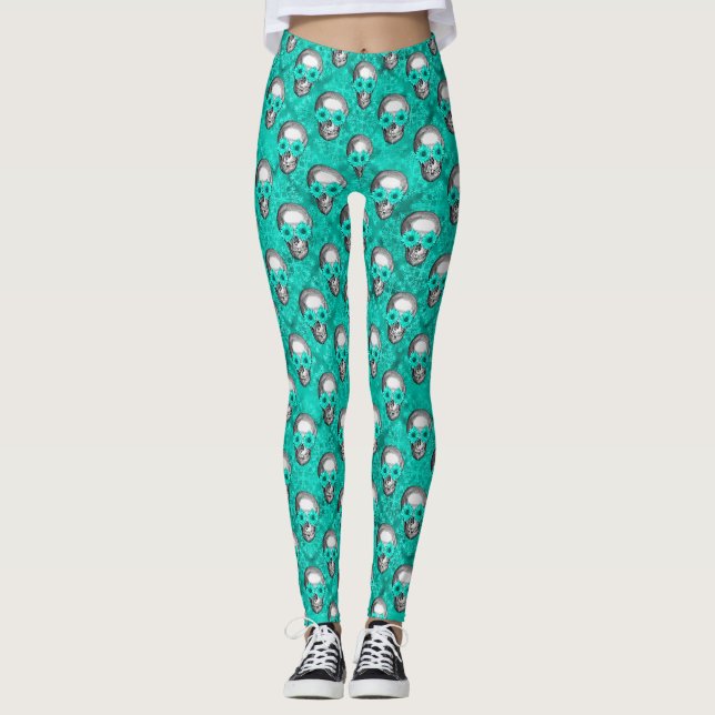 Turquoise Skulls and Sunflower Series Design 11  Leggings (Front)