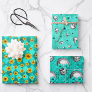 Turquoise Skulls and Sunflower Series Design 2   Wrapping Paper Sheet