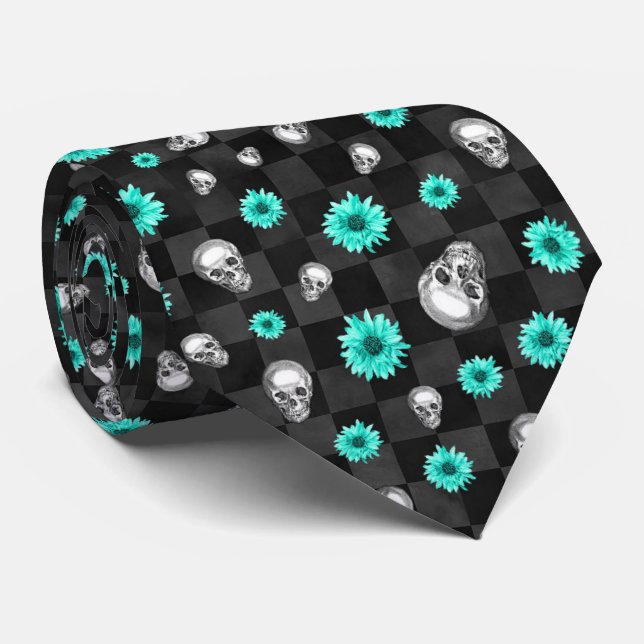 Turquoise Skulls and Sunflower Series Design 7  Tie (Rolled)