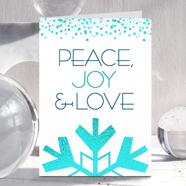Turquoise Snowflake Peace Joy Love Bold Typography Holiday Card (Creator Uploaded)