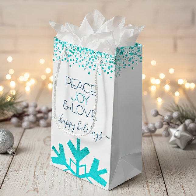 Turquoise Snowflake Peace Joy Love Bold Typography Small Gift Bag (Creator Uploaded)