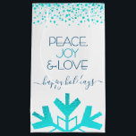 Turquoise Snowflake Peace Joy Love Bold Typography Small Gift Bag<br><div class="desc">“Peace, joy & love.” A giant, fun, playful, turquoise foil snowflake illustration and dark blue modern typography on a white background help you usher in the holiday season. A turquoise confetti dot border frames the top. Feel the warmth and joy of the holidays whenever you use this stunning, graphic, personalised...</div>