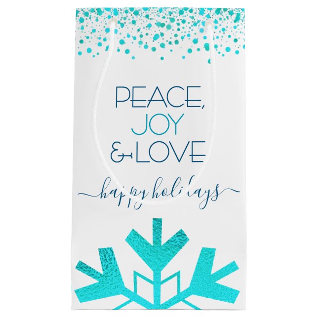 Turquoise Snowflake Peace Joy Love Bold Typography Small Gift Bag (Front)