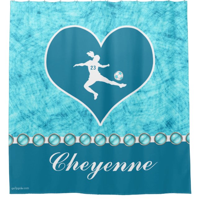 Turquoise Soccer Girl with Name and Number Shower Curtain (Front)