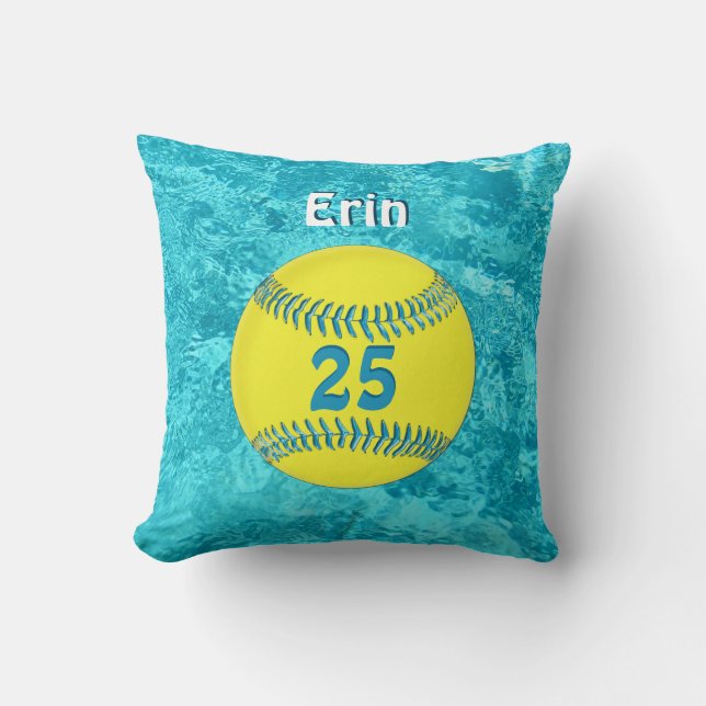 Turquoise Softball Pillow with her NAME and NUMBER (Front)