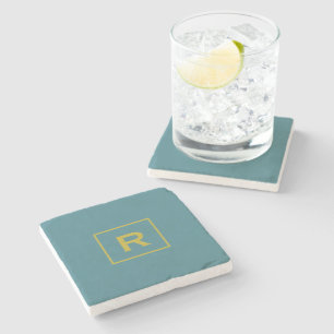 Turquoise Solid Colour Classic Plain Initial Stone Coaster