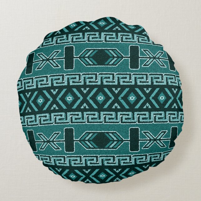 Turquoise Southwest Tribal Aztec Pattern Round Cushion (Back)