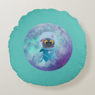 Turquoise Space Cat Round Pillow