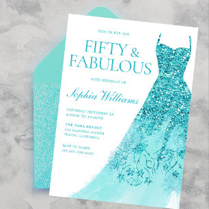 Turquoise Sparkle Dress 50th Birthday Party Invitation