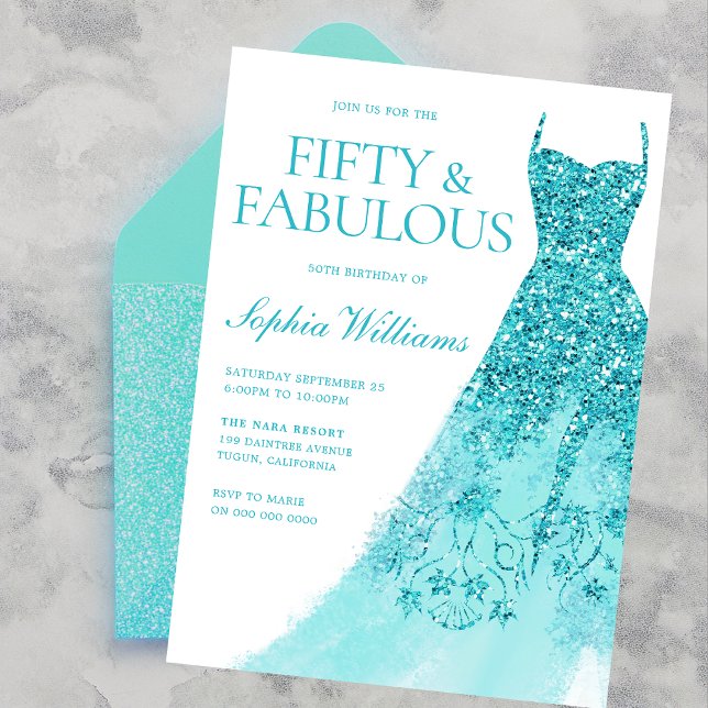Turquoise Sparkle Dress 50th Birthday Party  Invitation (Creator Uploaded)