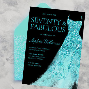 Turquoise Sparkle Dress Black 70th Birthday Party  Invitation