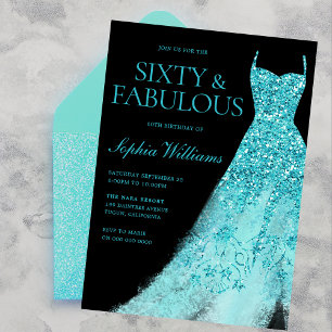 Turquoise Sparkle Gown & Black 60th Birthday  Invitation