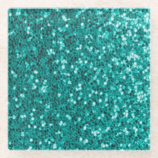 Turquoise Sparkles: Bright Close-Up Foundation Glass Coaster (Front)
