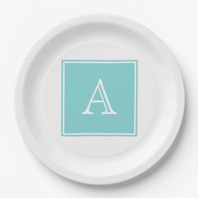 Turquoise Square Monogram Paper Plates (Front)