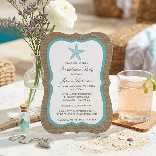 Turquoise Starfish Beach Burlap Bachelorette Party Invitation